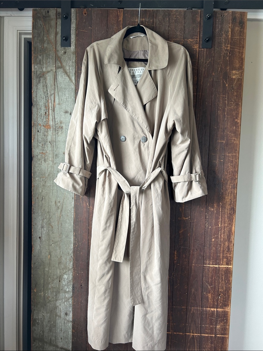 American Bazaar Light Beige Double-Breasted Trench Coat with Belt